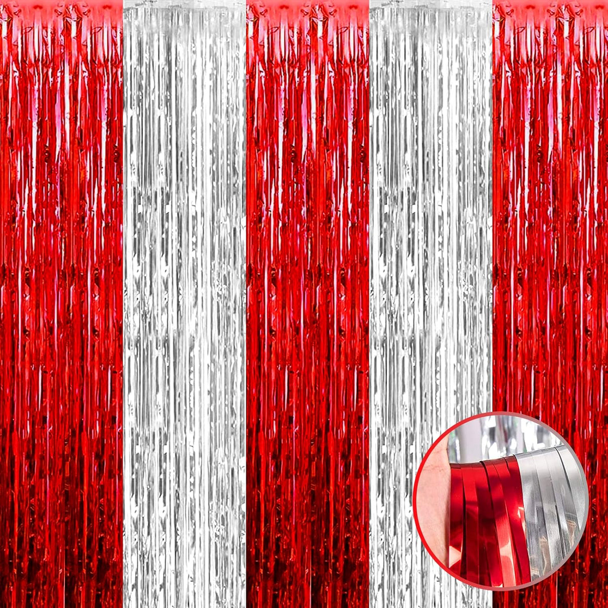 4 Pack Silver Red Foil Fringe Curtain Backdrop, 3.28Ft x 8.2Ft Metallic Tinsel Foil Fringe