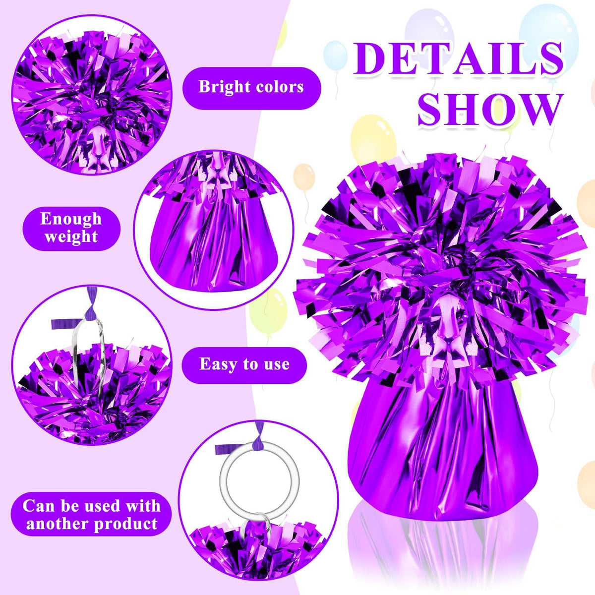 24 PCS Balloon Weights Metallic Anchor, Balloon Holder Heavy Weights with 1 Roll Purple Crimped