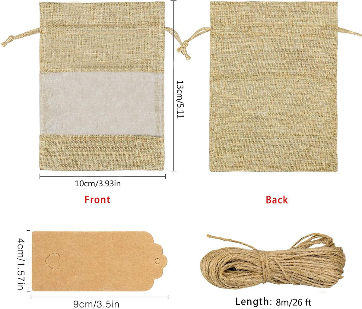 GIOIPC 20Pcs 4 x 6 Inch Linen Burlap Sheer Bags with Drawstring and Bonus Gift Tags for Wedding