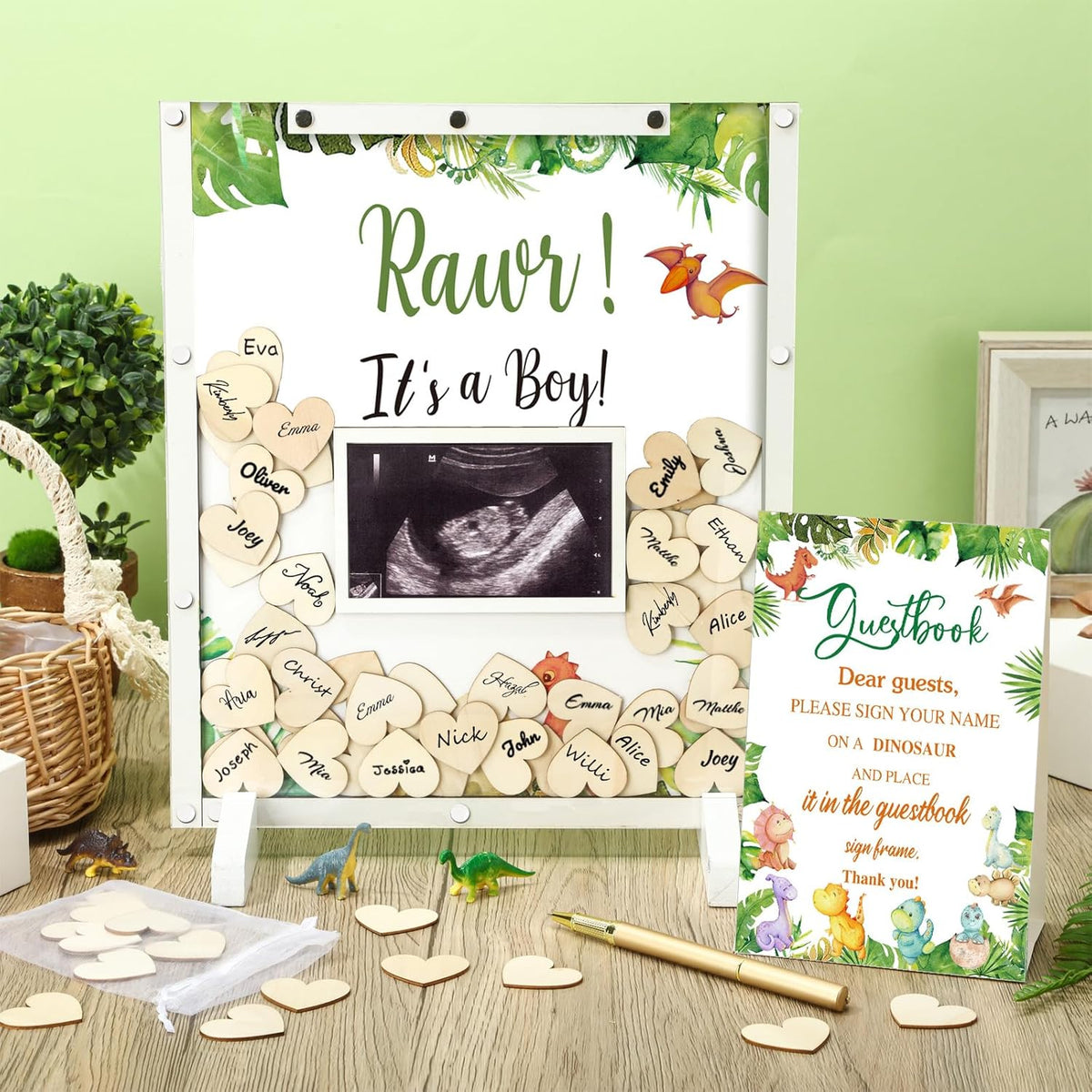 65 Pcs Dinosaur Baby Shower Guest Book Alternatives He or She Gender Reveal Baby Shower Decorations