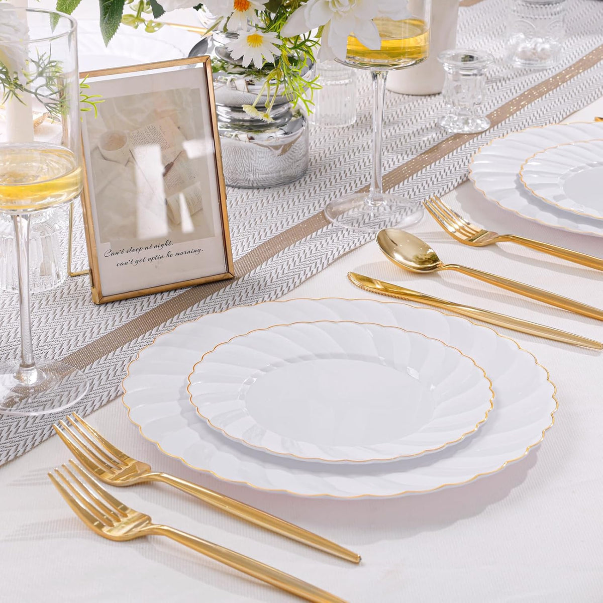 U-QE 60 Pcs White Plastic Plates with Gold Trim – Scalloped Plastic Plates Heavy Duty - Include 30