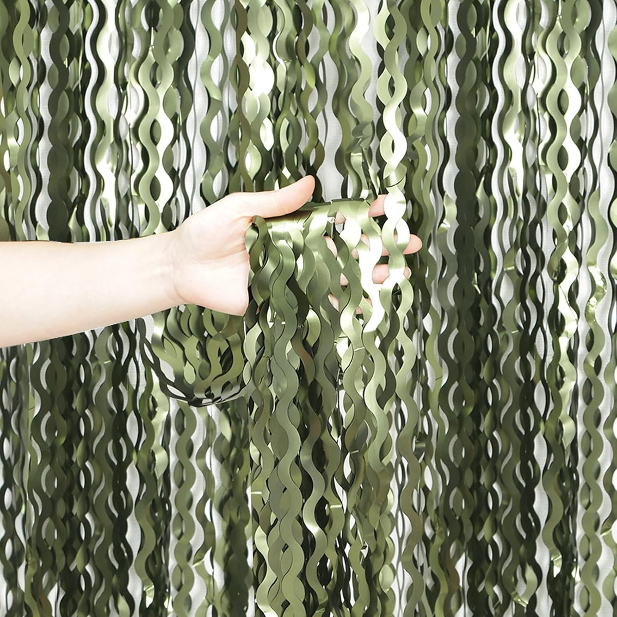 4 Pack Wavy Olive Green Streamers Backdrop Jungle Party Decorations - 3.3x6.6ft Foil Fringe