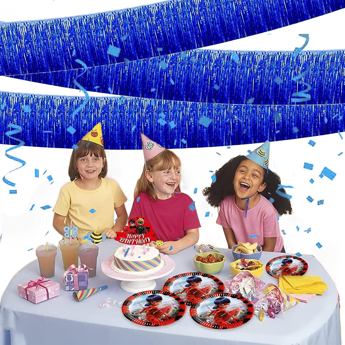 Blue Foil Fringe Garland 10FT 6packs, Metallic Foil Tinsel Fringe Banners for Parade Float