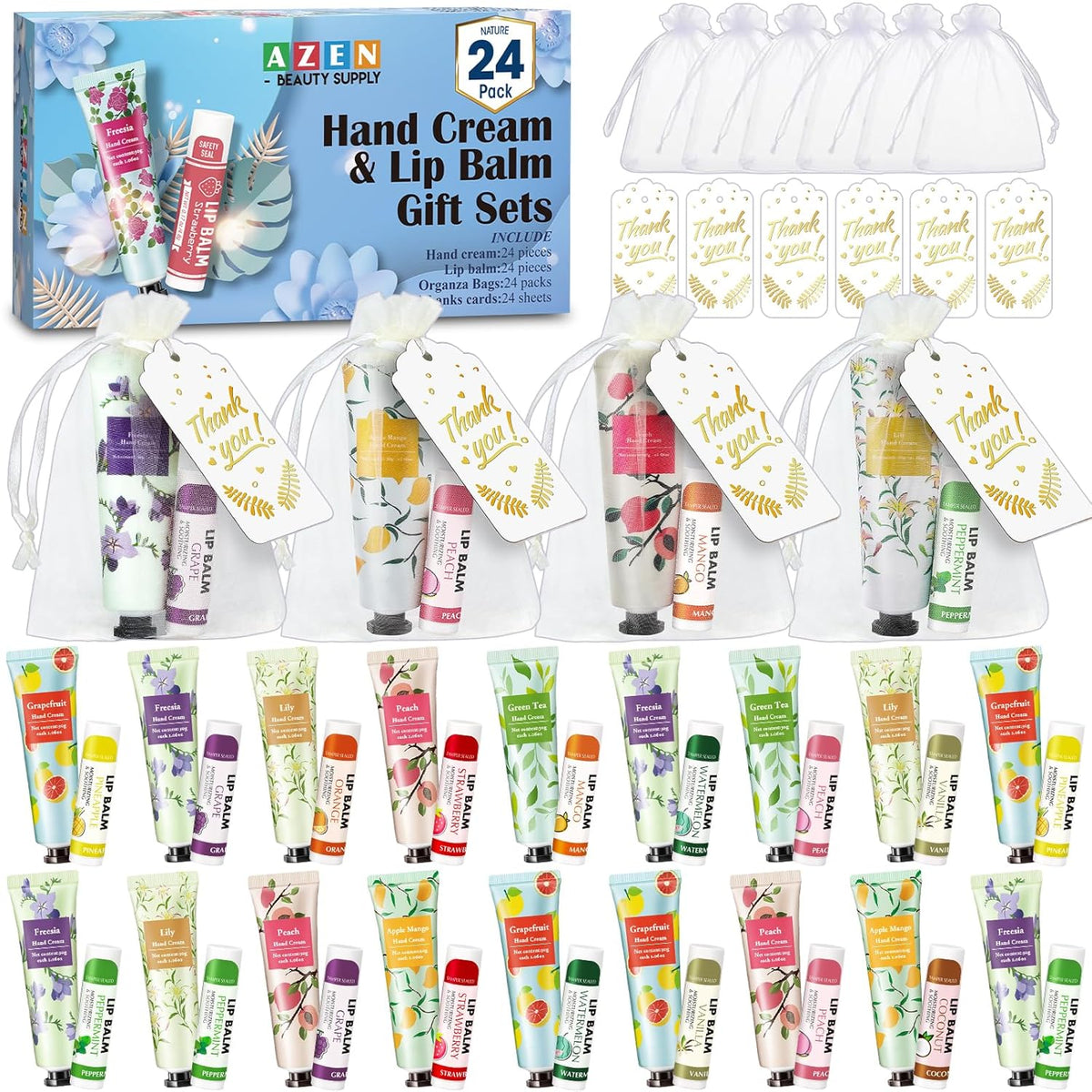 AZEN 24 Sets Bulk Gifts, Hand Cream and Lip Balm Bulk Set with Organza Bag Thank You Card, Baby