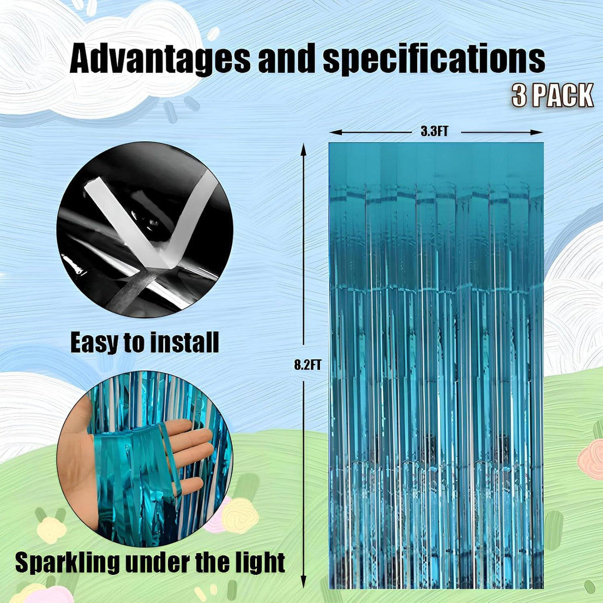 Keyali 3 Pack 3.3 * 8.3 ft Foil Curtain Metallic Tinsel Fringe Curtains Photo Booth Props Backdrop