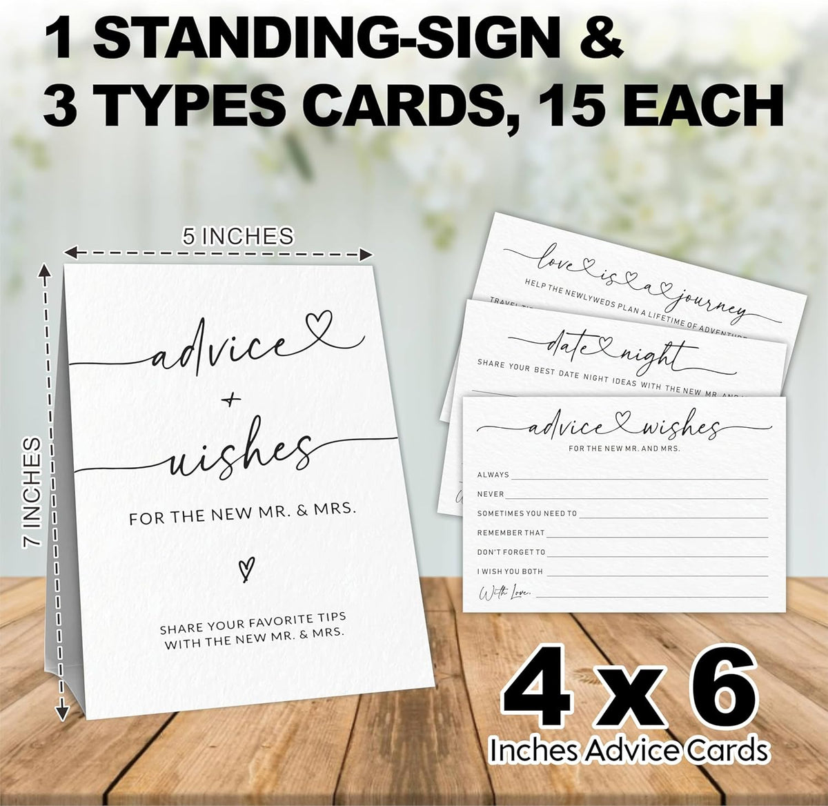Wedding Advice Cards - Wishes For The New Mr & Mrs Wedding Advice Sign -A Standing Sign With 3