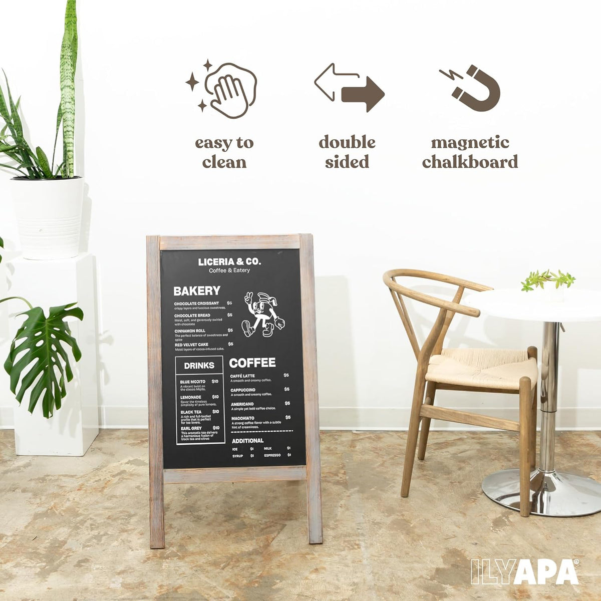 Ilyapa Wooden A-Frame Sign with Eraser & Chalk - 40 x 20 Inches Magnetic Sidewalk Chalkboard – Grey