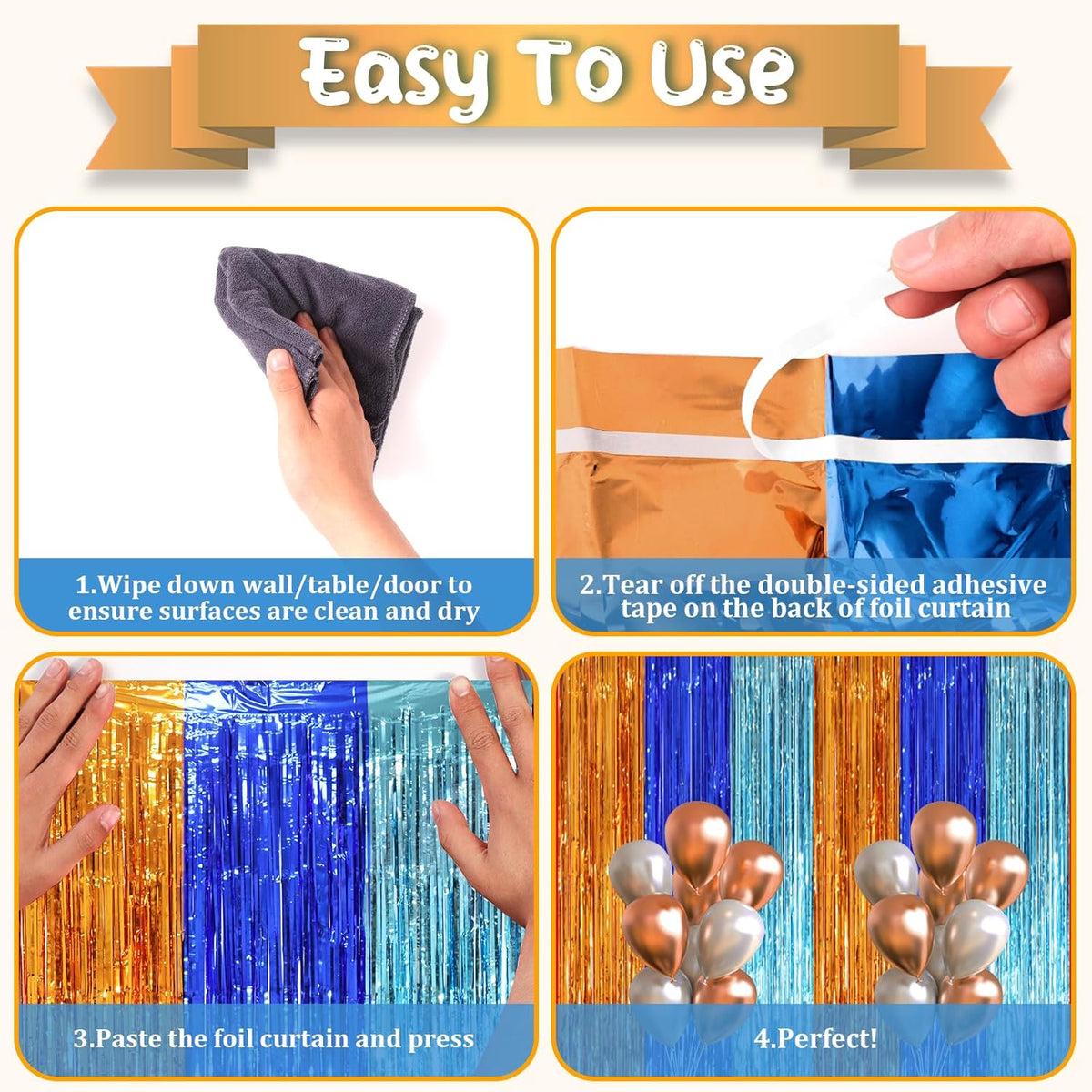 2 Pack Blue Orange Foil Fringe Backdrop Curtains, Tinsel Streamers Party Decorations, Fringe