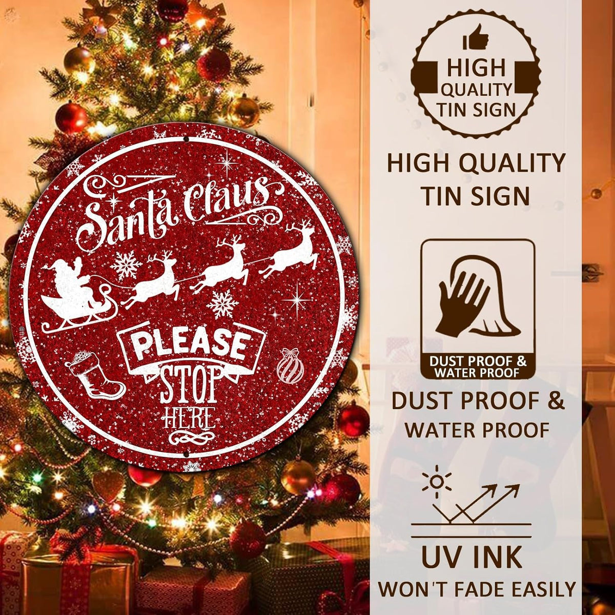 Round Metal Tin Sign - Santa Sleigh Reindeer Vintage Sign - Santa Claus Please Stop Here Sign for