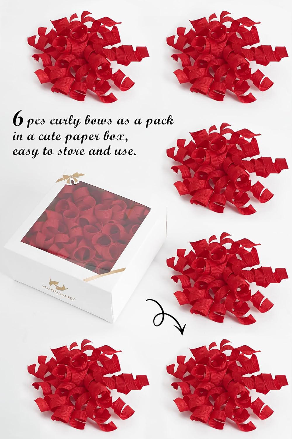 HUIHUANG Red Bows for Gift Wrapping, Red Curly Ribbon Bows Self Adhesive Burst Gift Bow for