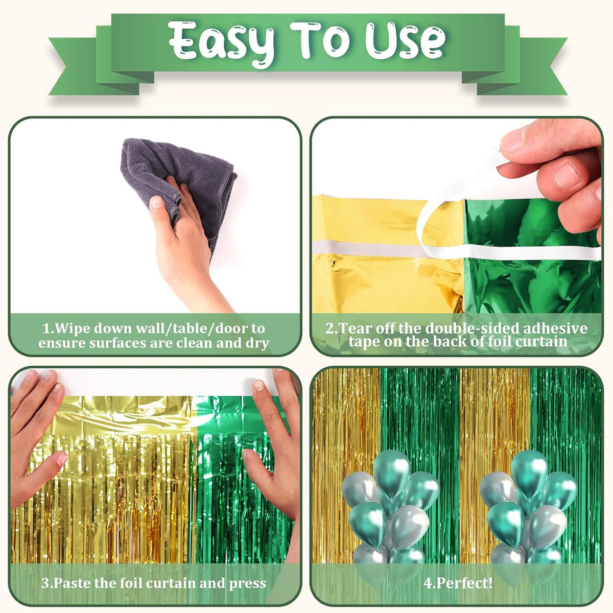 2 Pack Green and Gold Foil Fringe Backdrop Curtains, Tinsel Streamers Party Decorations, Fringe