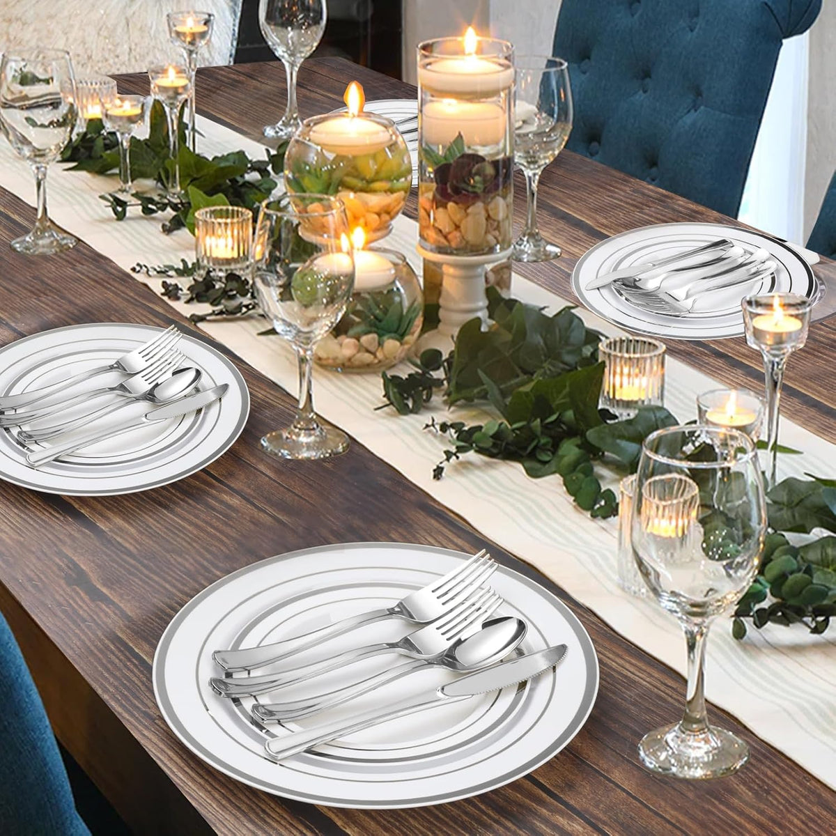 600PCS Silver Plastic Plate Set (100 Guests), Disposable Plates for Party Wedding Birthday