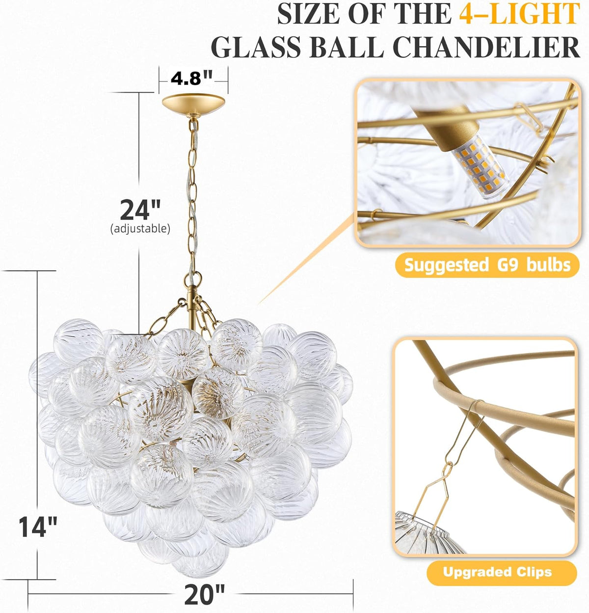Nordic Bubble Ball Swirled Glass Chandelier, Dia 20 inch Gild Gold and Clear Blown Glass Small