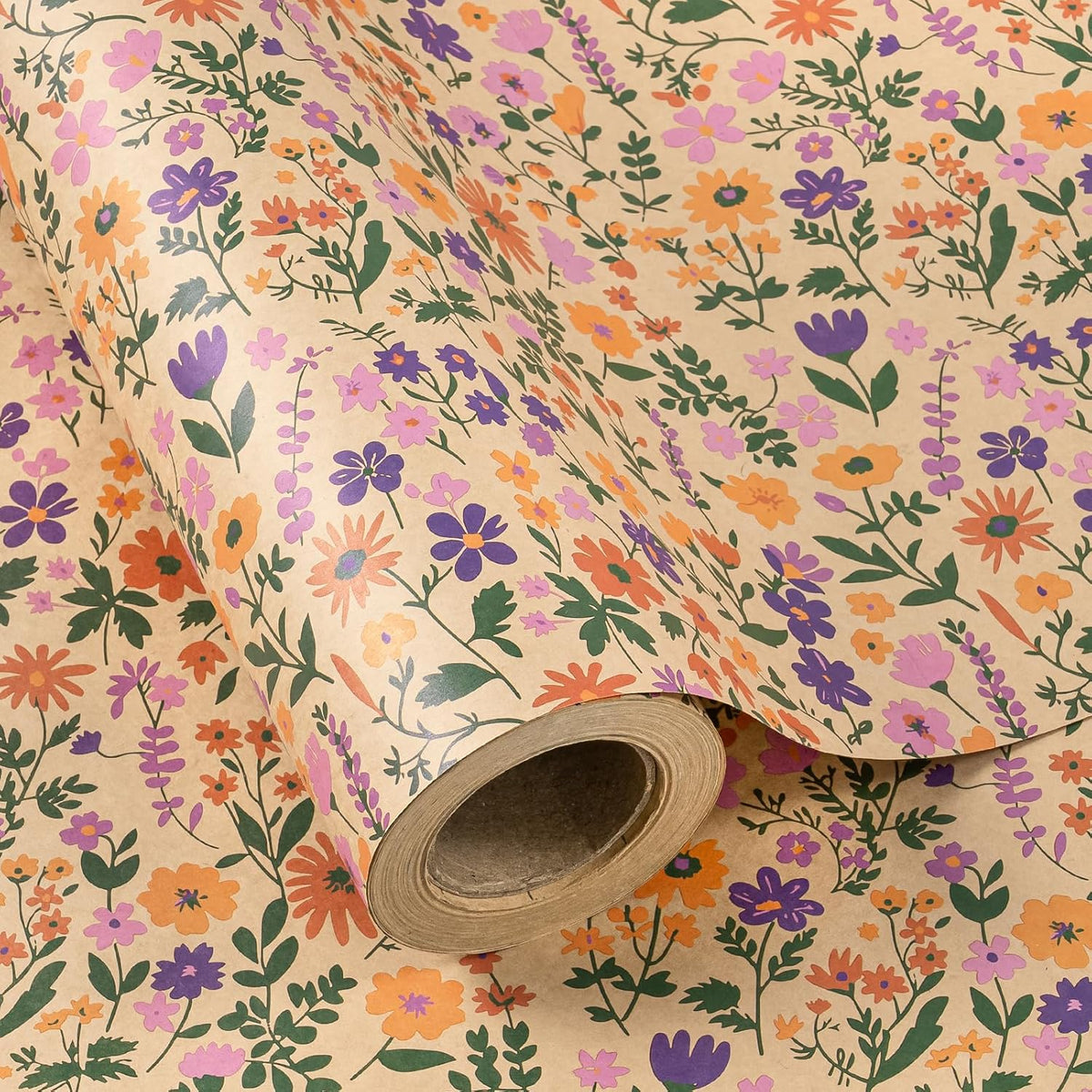 WRAPAHOLIC Kraft Floral Wrapping Paper Roll - Mini Roll - 17 Inch x 33 Feet - Vintage Flower