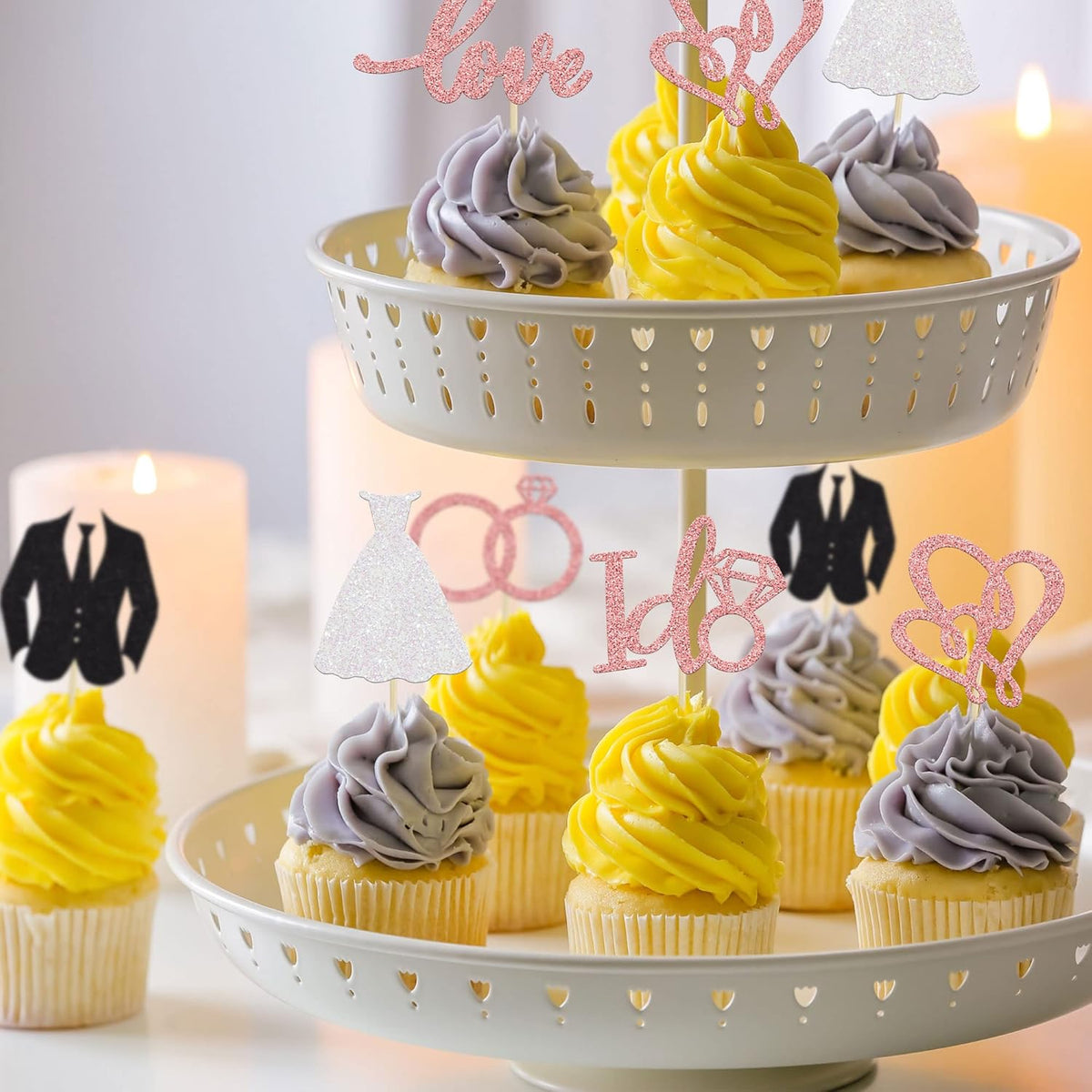 Gyufise 24Pcs Wedding Cupcake Toppers Glitter Groom and Bride Cupcake Picks Love I Do Ring Heart