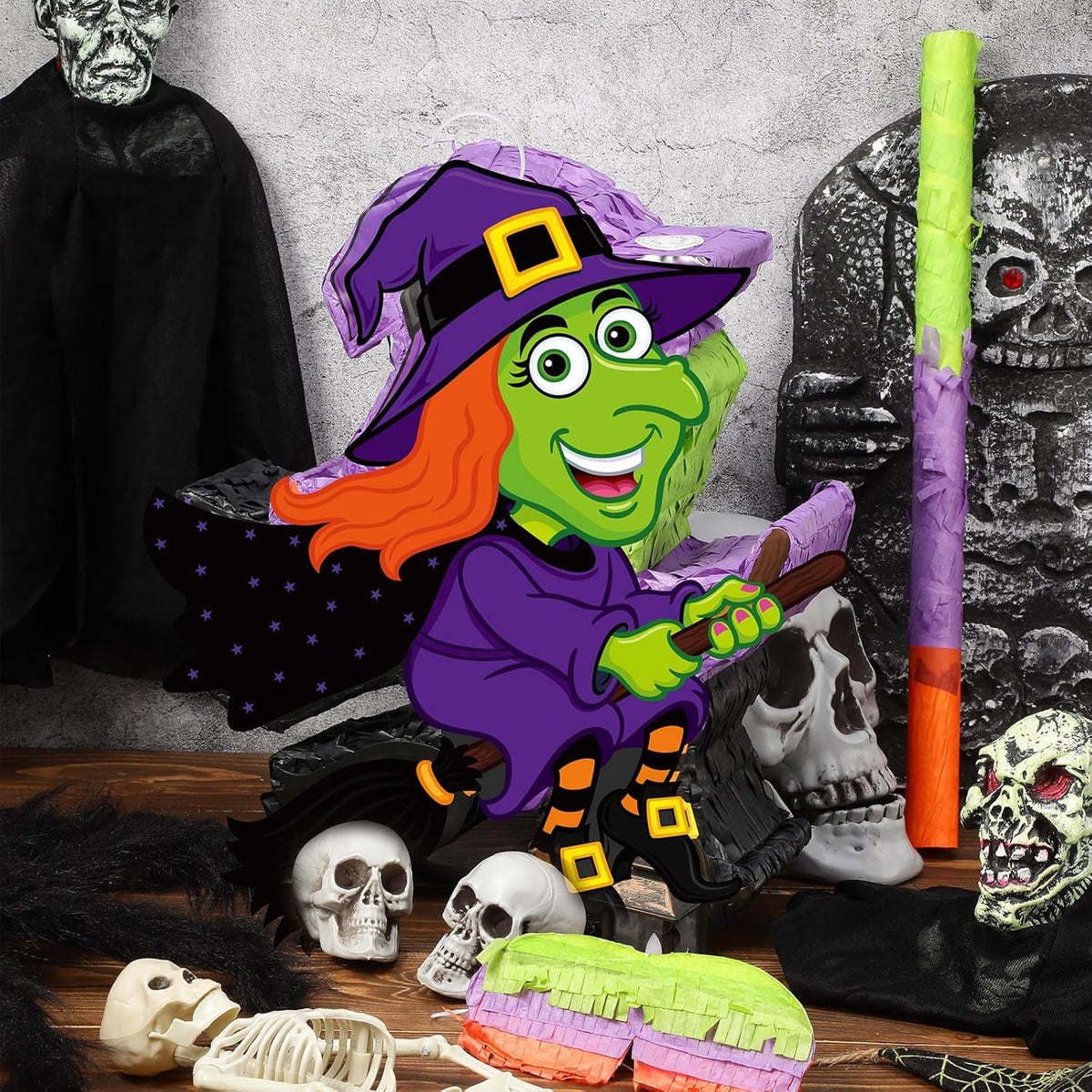 Aoriher Halloween Witch Piñata Halloween Decoration Piñata with Stick Blindfold Candy Filled Piñata