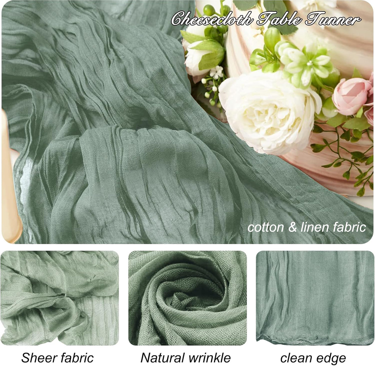 8 Pack 10Ft Sage Green Cheesecloth Table Runner 35x120 inch Boho Gauze Cheese ClothsTable Runners