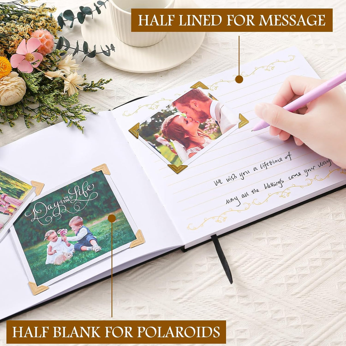 8x10 Leather Guest Book and Standup Sign Set, Gold Foiled Cover Registry Book for Wedding