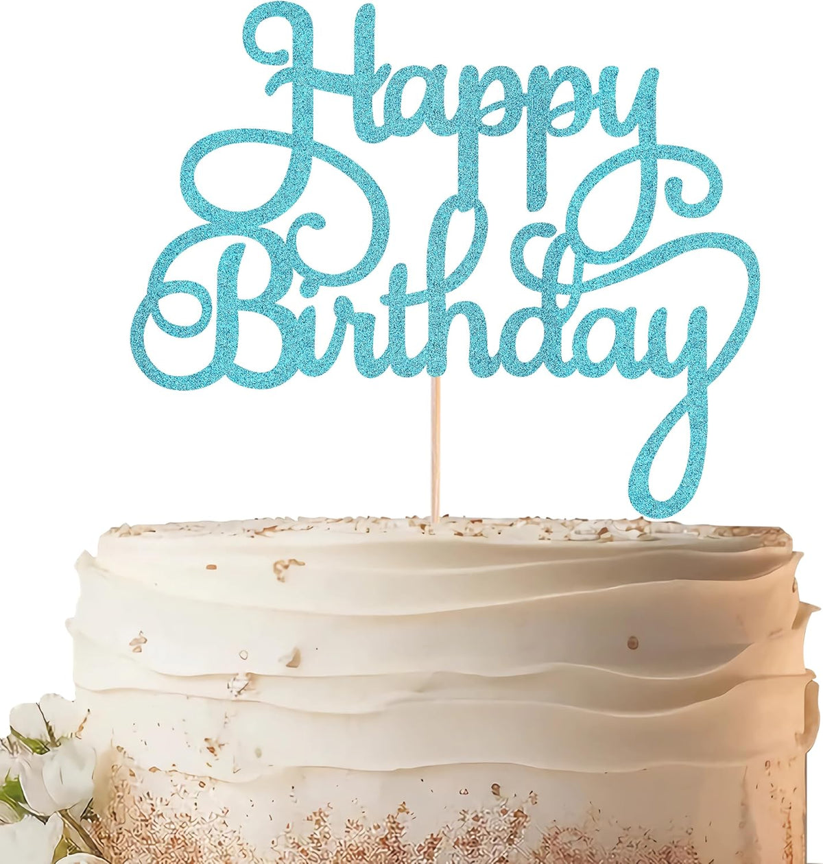 Happy Birthday Cake Topper - Sky Blue Glitter Birthday Party Cake Decoration Supplies - Happy