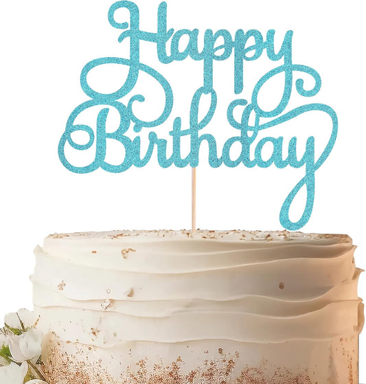 Happy Birthday Cake Topper - Sky Blue Glitter Birthday Party Cake Decoration Supplies - Happy
