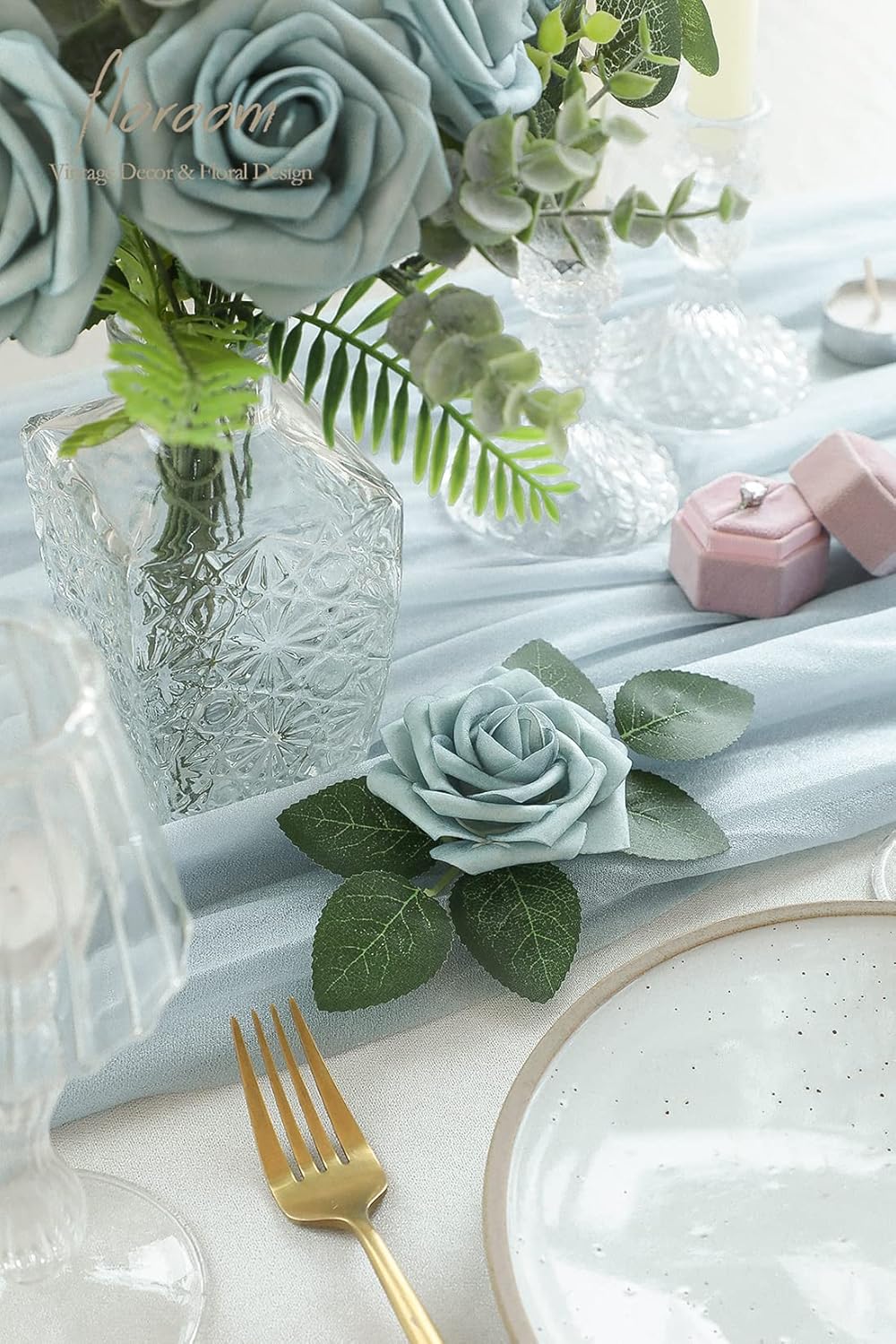 Floroom Artificial Flowers 25pcs Real Looking Dusty Blue Foam Fake Roses with Stems for DIY Wedding