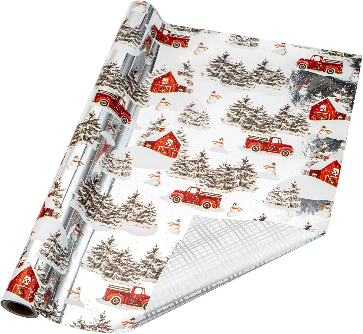 LeZakaa Christmas Silver Wrapping Paper Jumbo Roll for Boy Kid, Red Truck, Snowy Pine Forest & Grid