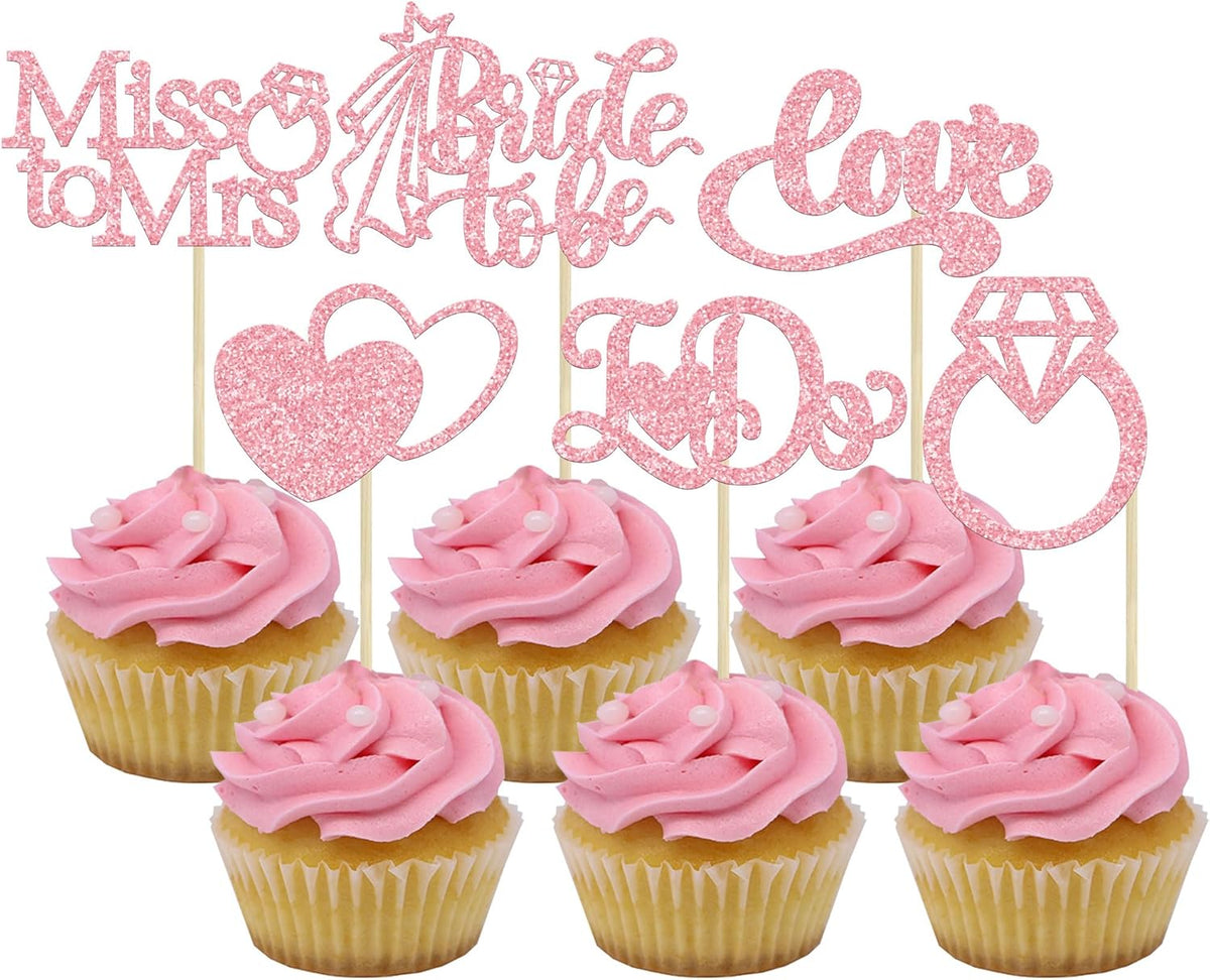 Gyufise 24Pcs Bride to Be Cupcake Toppers Pink Glitter I Do Love Heart Ring Miss To Mrs Cupcake