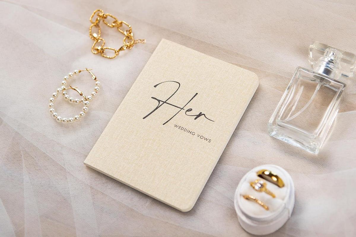 Slim Vow Books (Set of 2 - Design 4) - Soft Cream Canvas Linen Textured Cover Wedding Vow Booklets