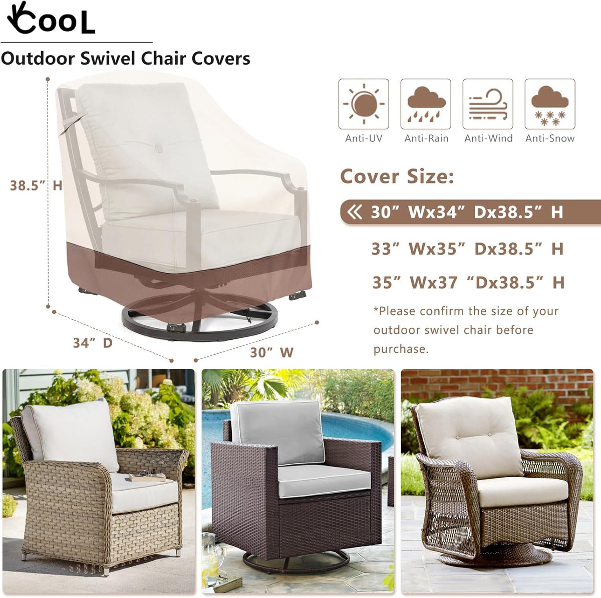 okcool Outdoor Swivel Chair Cover 2 Pack, Patio Chair Covers Waterproof Clearance, (30" W x 34" D x