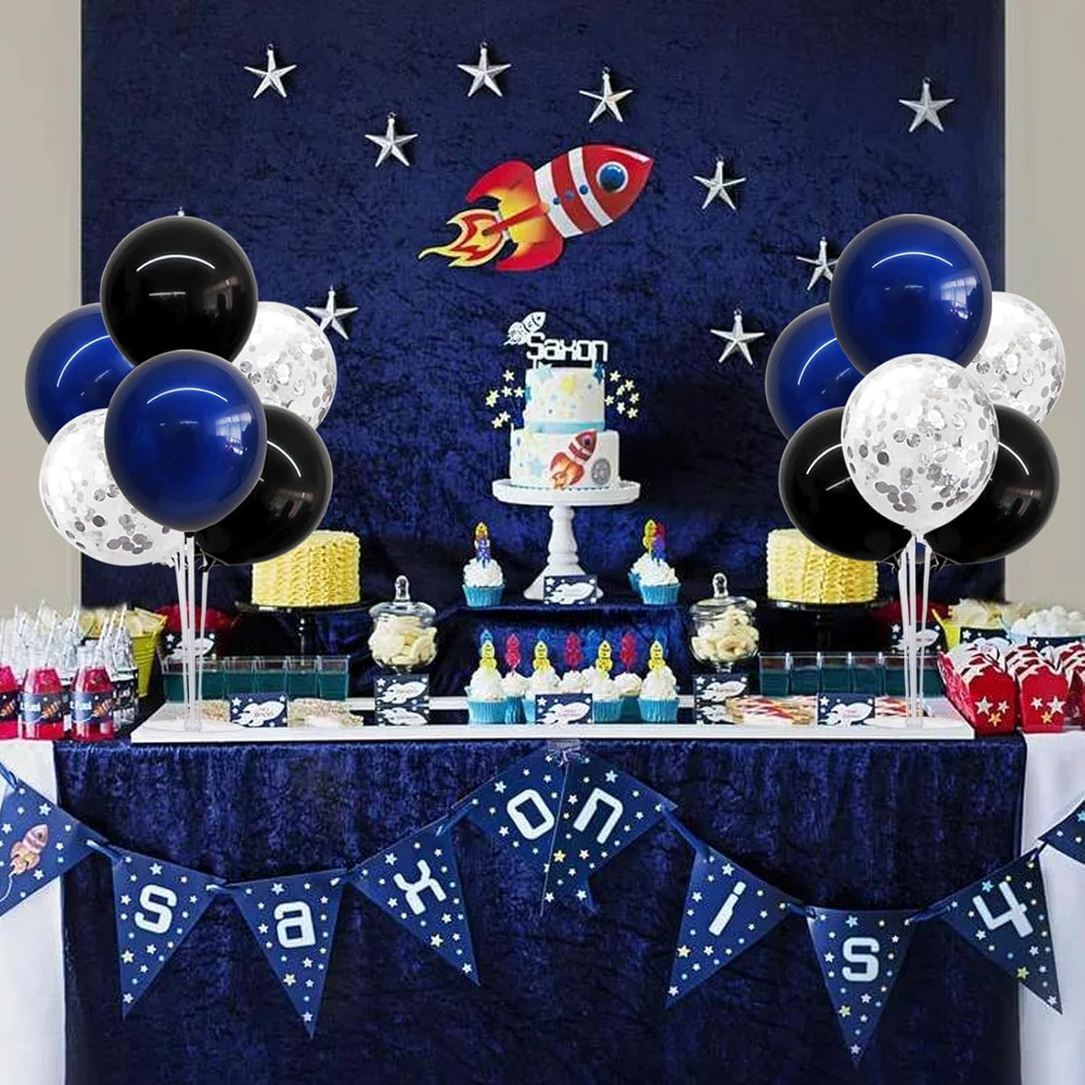 TONIFUL 4 Set Black Blue Silver Confetti Balloon Centerpieces for Table,Balloon Stand Kit for