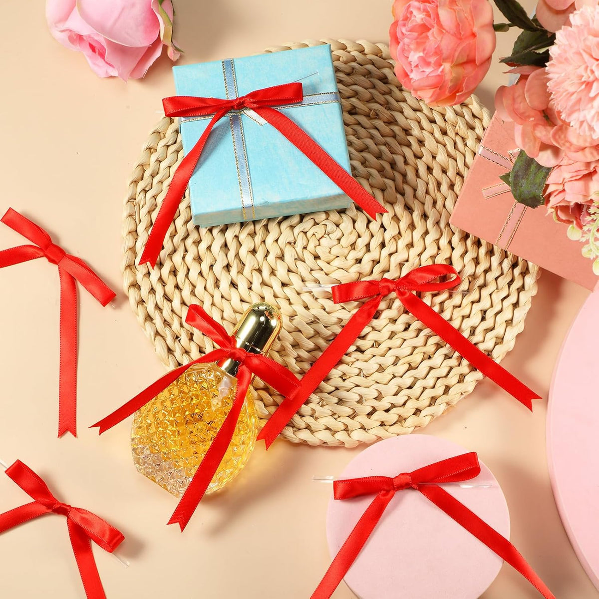 Riceshoot 50 Pcs Twist Tie Bows for Cake 3x4.5 Inch Satin Ribbon Bows for Gift Wrapping Treat Bags