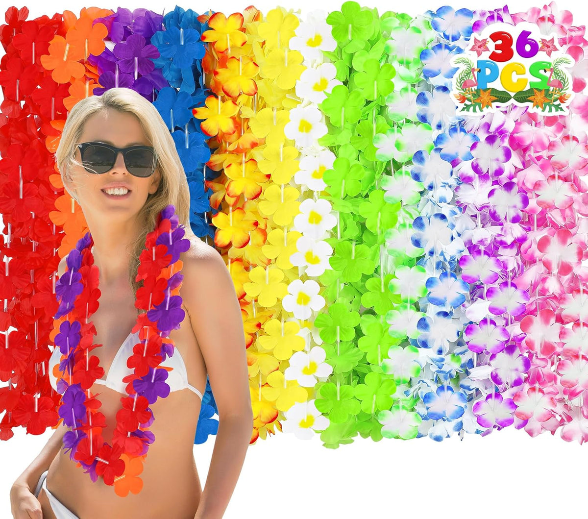 Luau Party Decorations, 36PCS Hawaiian Themed Leis Necklace Costume Accessories, Colorful Hawaiian
