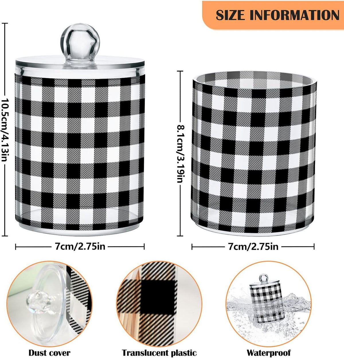 Gredecor Qtip Holder Dispenser 4 Pack Black White Classic Buffalo Plaid Apothecary Jars with Lids