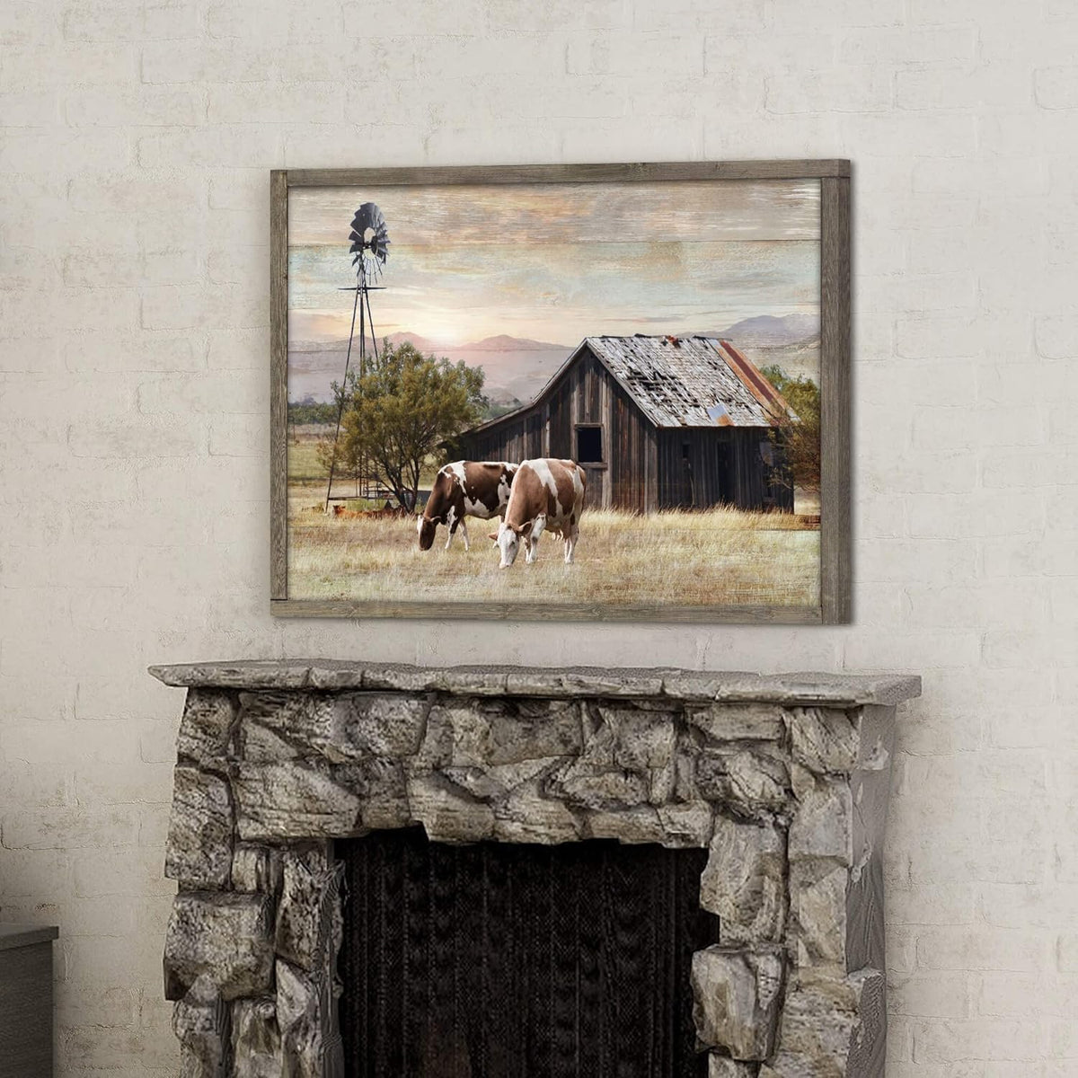 Rustic Wall Decor Barn Framed - Vintage Farmhouse Cow & Windmill Landscape Picture Artwork for Home