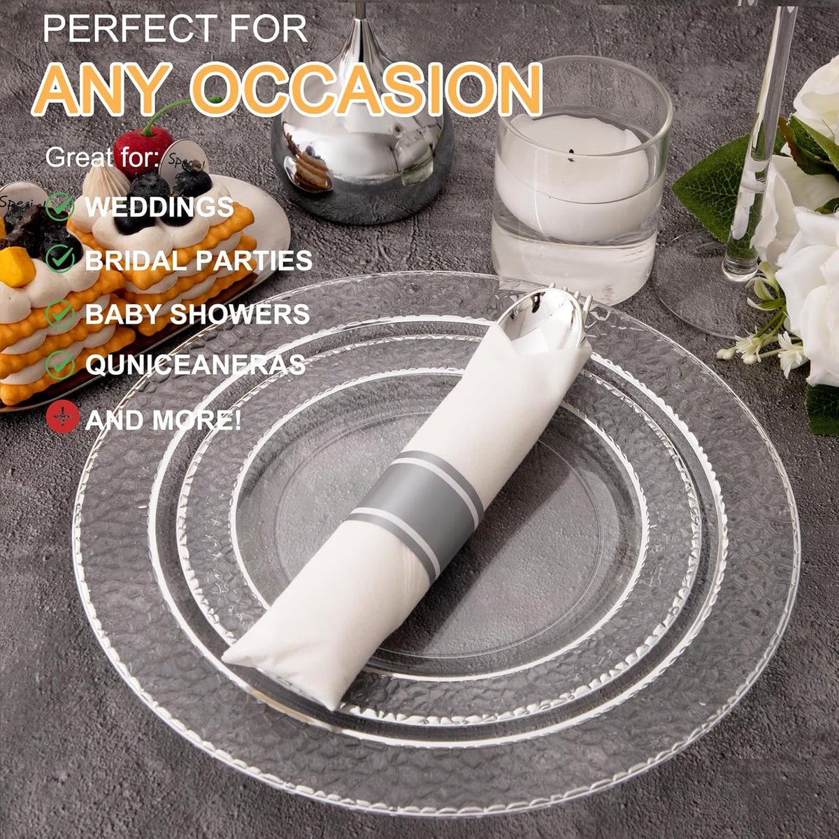 400PCS Pre Rolled Silver Plastic Silverware Sets - Heavy Duty Hammered Silver Cutlery - Include 100