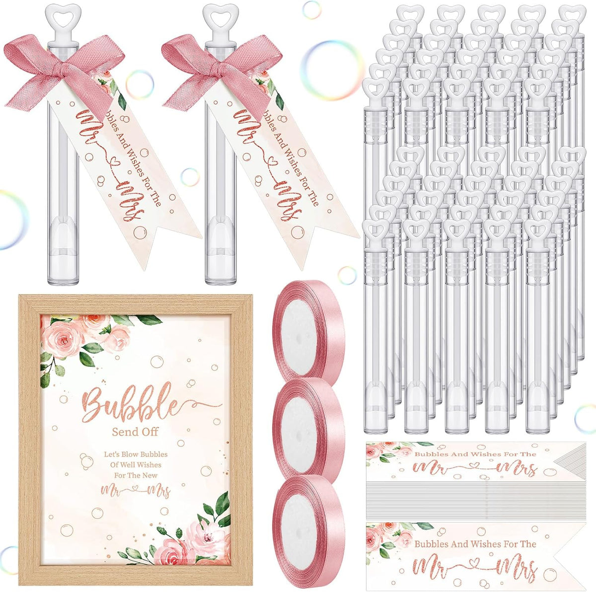 405 Pcs Wedding Bubbles Wands Set Include Heart Bubble Wands Bubbles Send Off Cards Gift Tags Wood