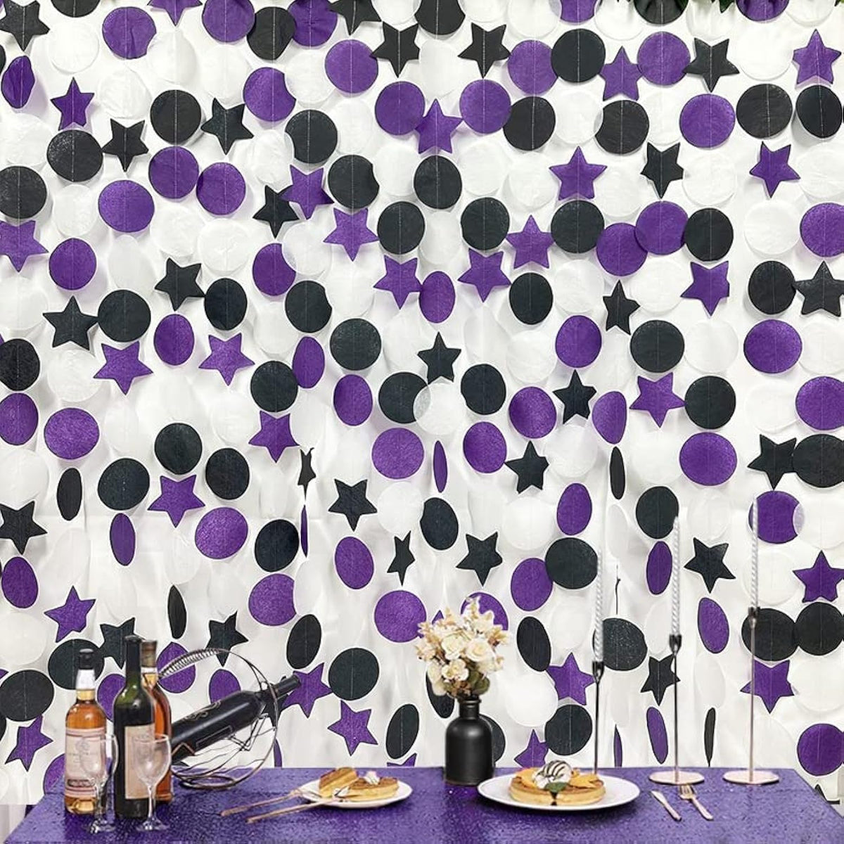 173 Ft Purple Black and White Party Decorations Big Star Circle Dot Backdrop Streamer Garland for