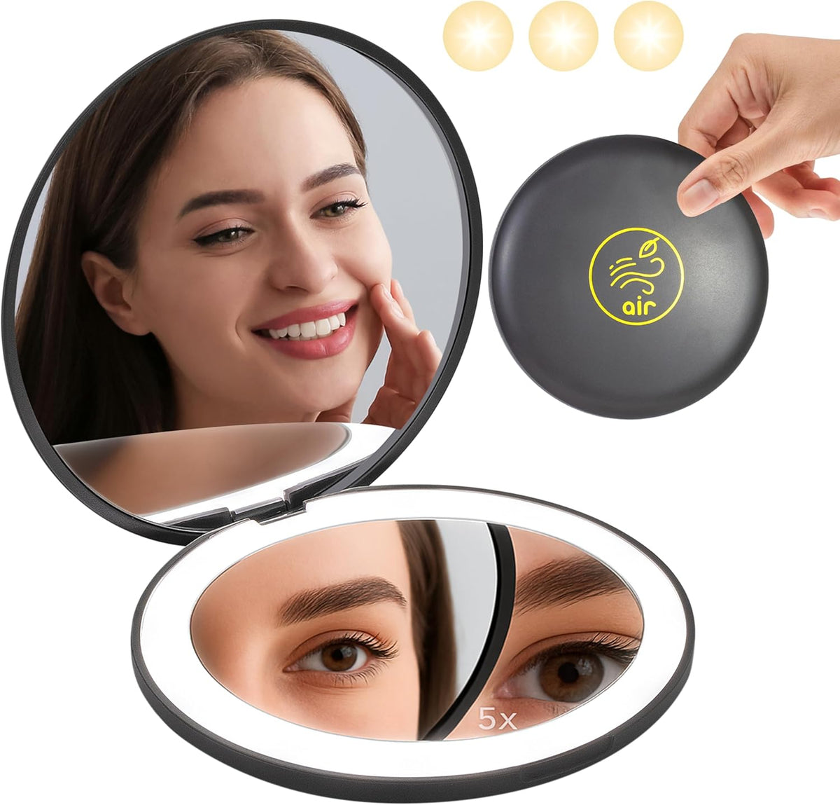 LanJo Lighted Compact Mirror with 1X/5X Magnification, Stepless Dimming & 3 Adjustable Light