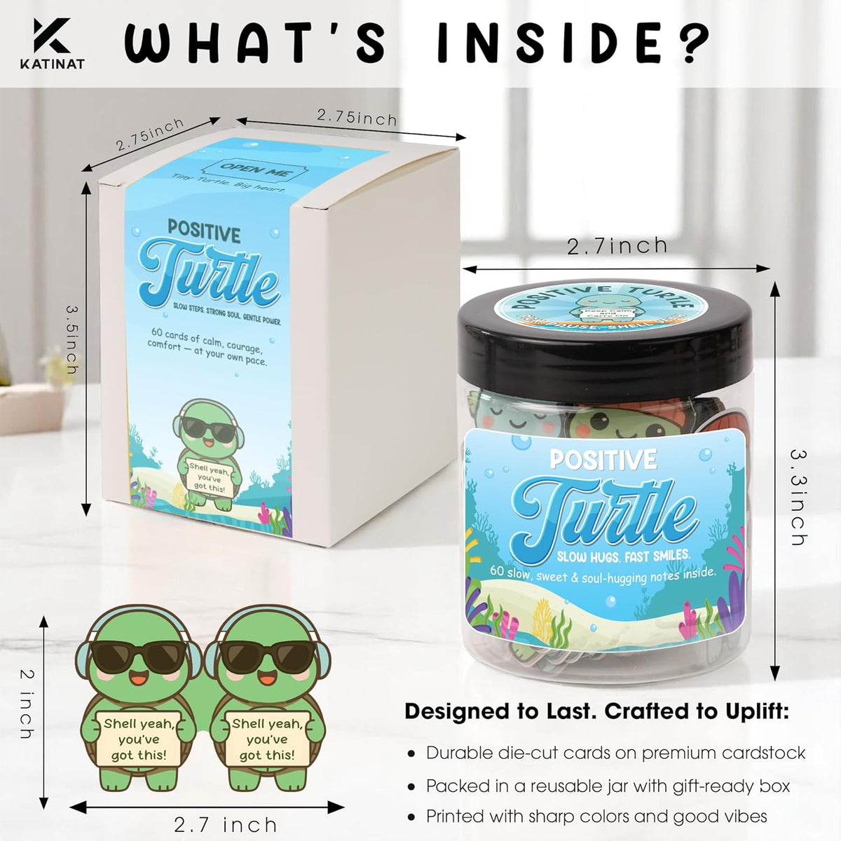 Positive Turtle Jar – 60 Funny Emotional Support Affirmation Cards, Sea Turtle Gifts for Women