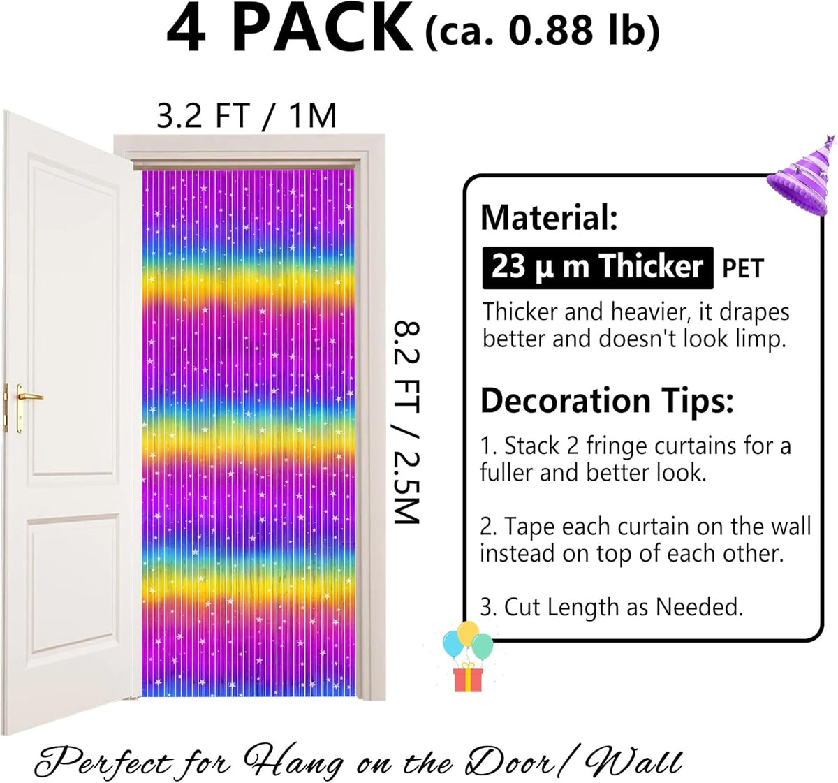 Rainbow Streamers Party Decorations - Thicken 4 Pack 3.2 x 8.2 FT - Rainbow Gradient Tinsel Foil