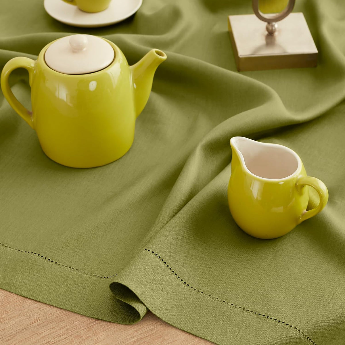 Solino Home Avocado Green Linen Tablecloth 52 x 52 Inch - 100% Pure Linen Square Table Throw