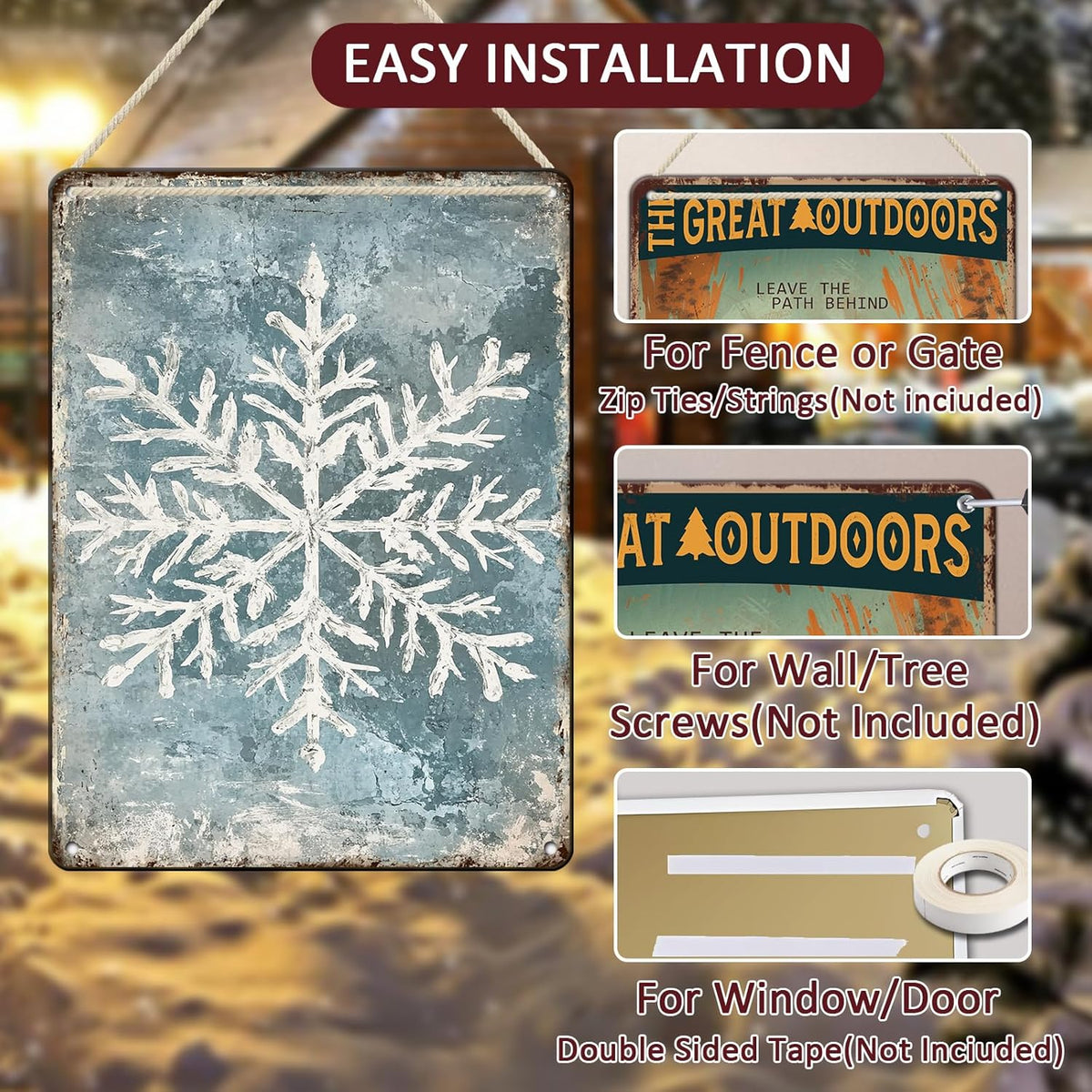Vintage Christmas Tin Sign - Winter Snowflakes Metal Tin Sign - Wall Decor Sign for Outdoor