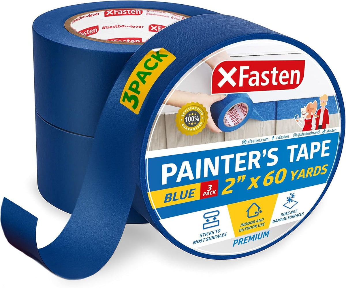 XFasten Professional Blue Painters Tape 2 Inch x 60 Yards (3-Pack) Bulk Blue Masking Tape for