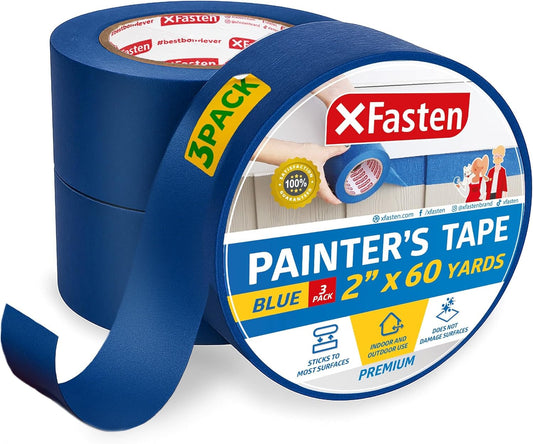 XFasten Professional Blue Painters Tape 2 Inch x 60 Yards (3-Pack) Bulk Blue Masking Tape for