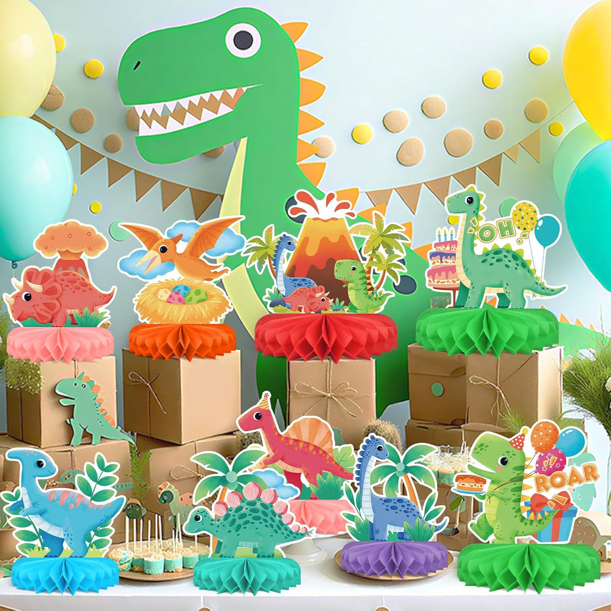 Dinosaur Birthday Party Supplies Kit - Dinosaur Themed Table Decorations with Honeycomb Centerpiece