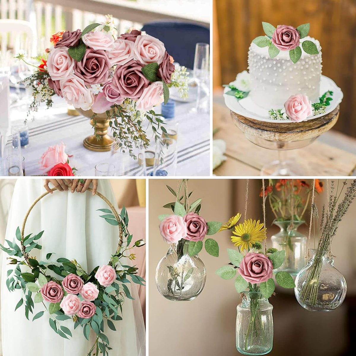 AmyHomie Artificial Flower Warm Taupe & Nude Rose 25pcs Real Looking Fake Roses w/Stem for DIY