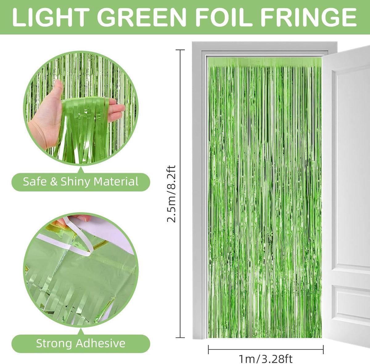 Light Green Fringe Curtain Party Streamers, 12 Pack 3.3ft x 8.2 ft Foil Curtain Backdrop Tinsel