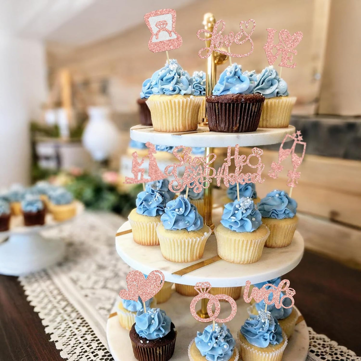 Ephlyn 30Pcs He Asked She Said Yes Cupcake Toppers Glitter Engagement Cupcake Toppers Diamond Ring