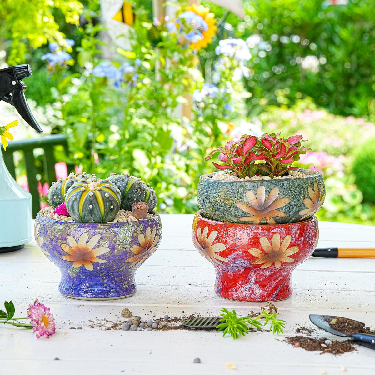Sungmor Small Succulent Planters Set of 3, Beautiful Hand Crafted Ceramic Plant Pots Cute Cactus