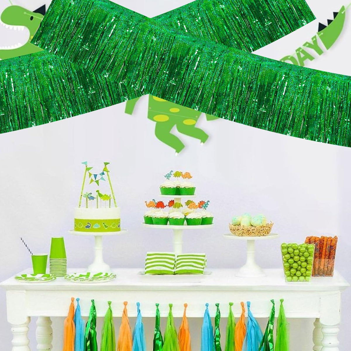 BEISHIDA 3 Packs Metallic Foil Fringe Garland Laser Green Wall Hanging Tinsel Fringe Banners for